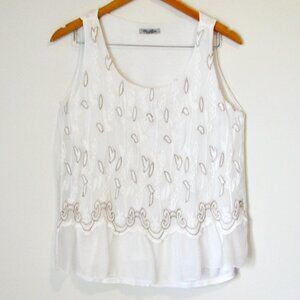 Elena Baldi White Silk Embroidered Tank Top Ruffled Boho Gold Thread Italy Small